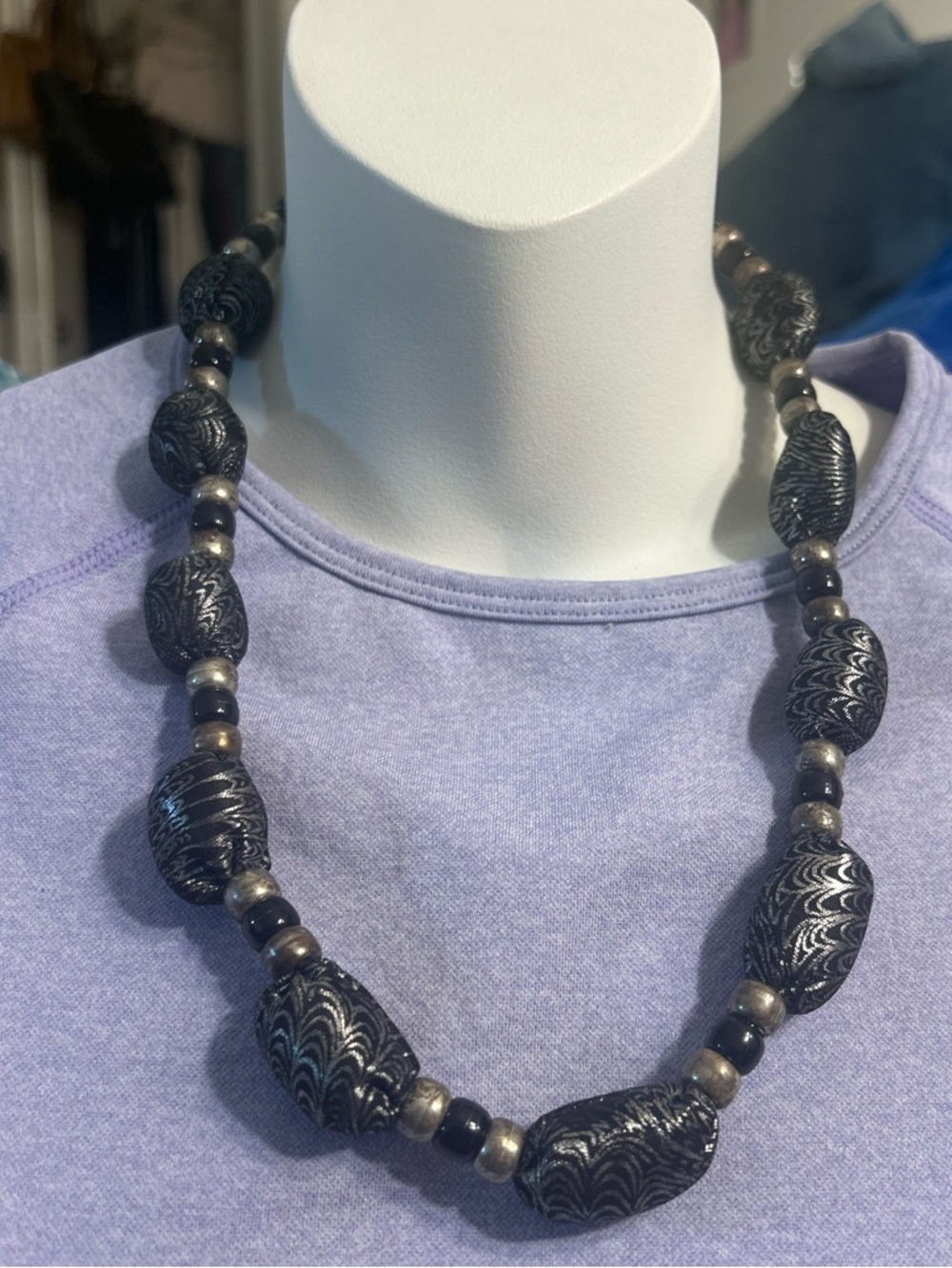 Black Swirl Beaded Statement Necklace Silver Tone Spacers
